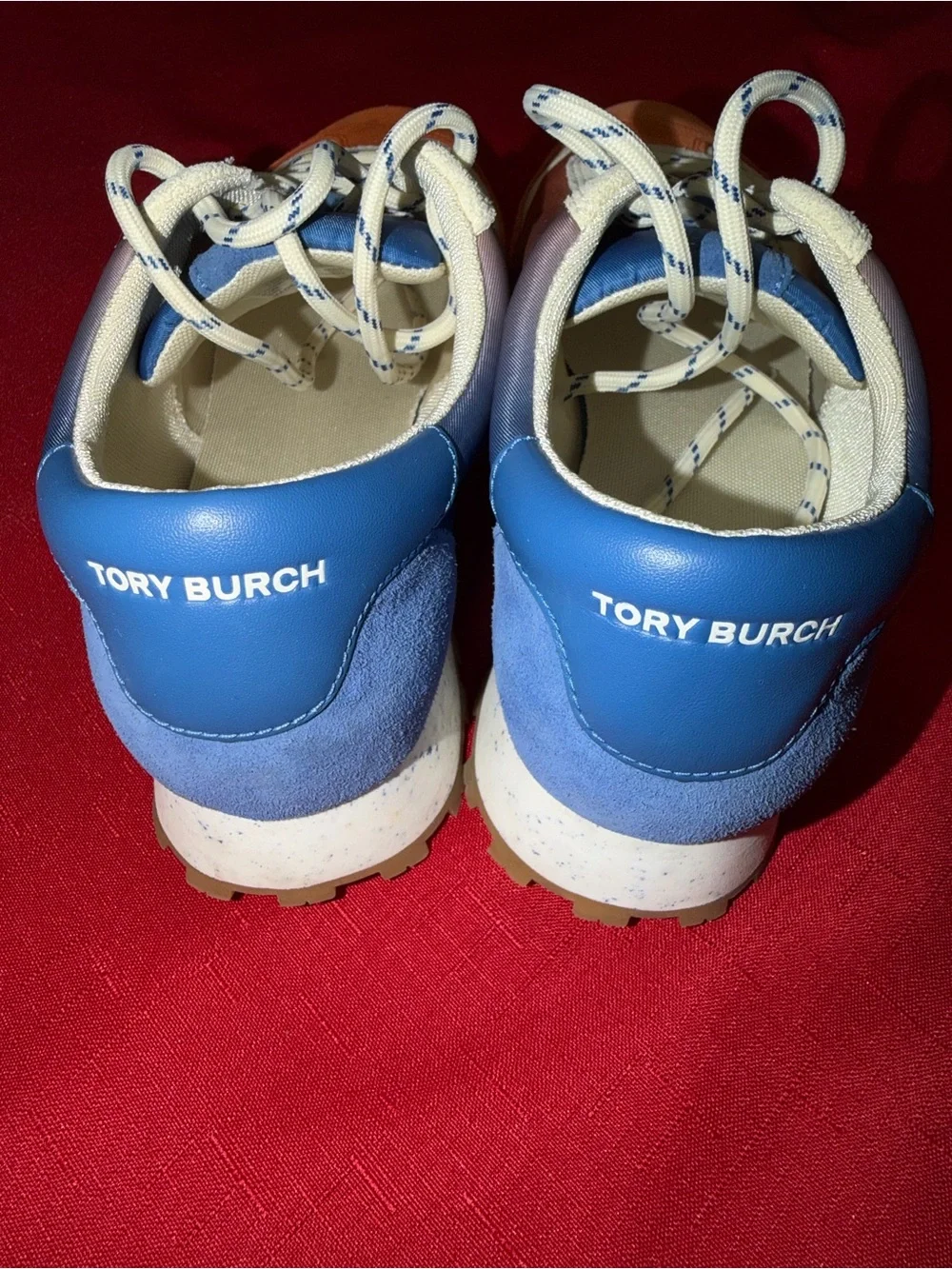 Tory Burch Orange, White & Blue Suede Lace-Up Sneakers